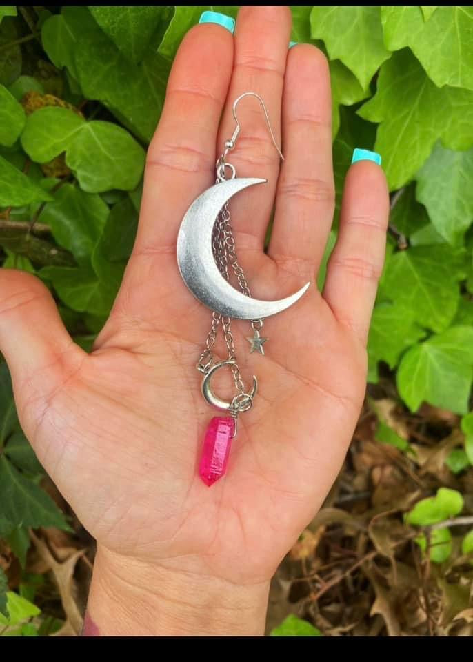 Pink Aura Quartz Moon Earrings