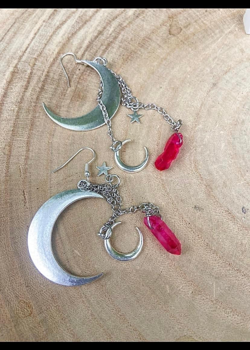 Pink Aura Quartz Moon Earrings