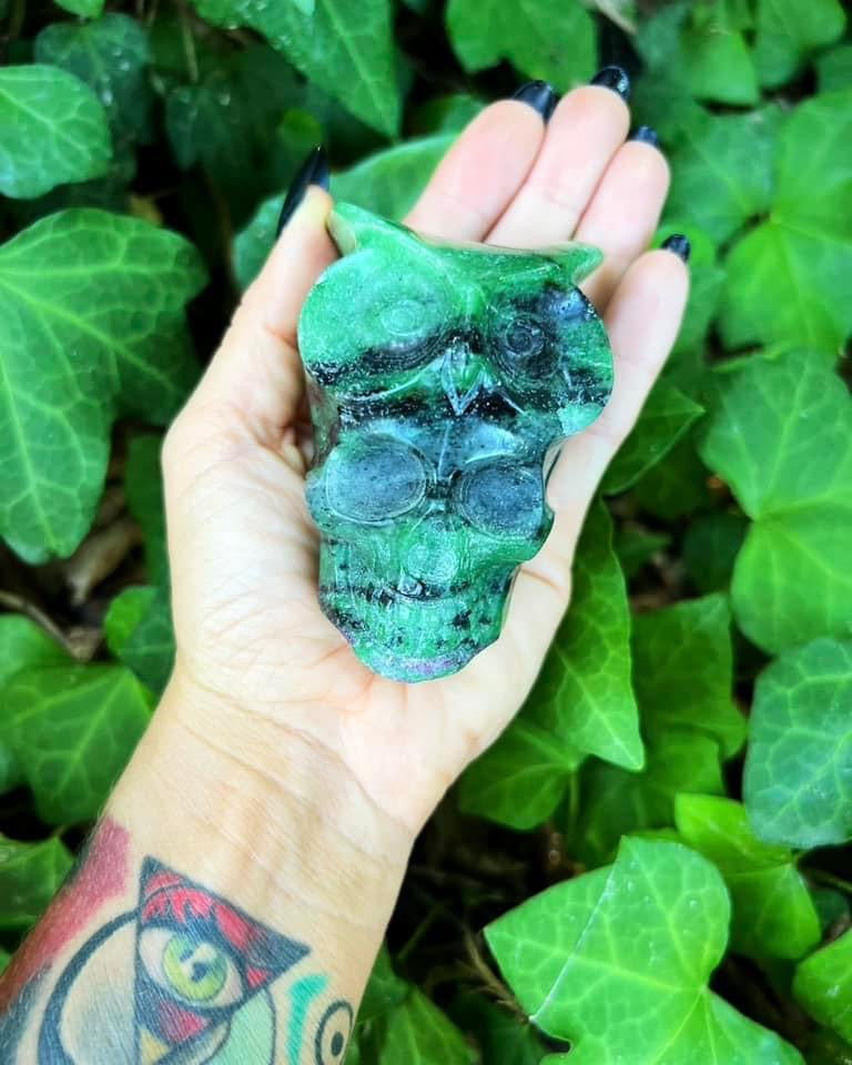 Ruby in Zoisite Owl Skull