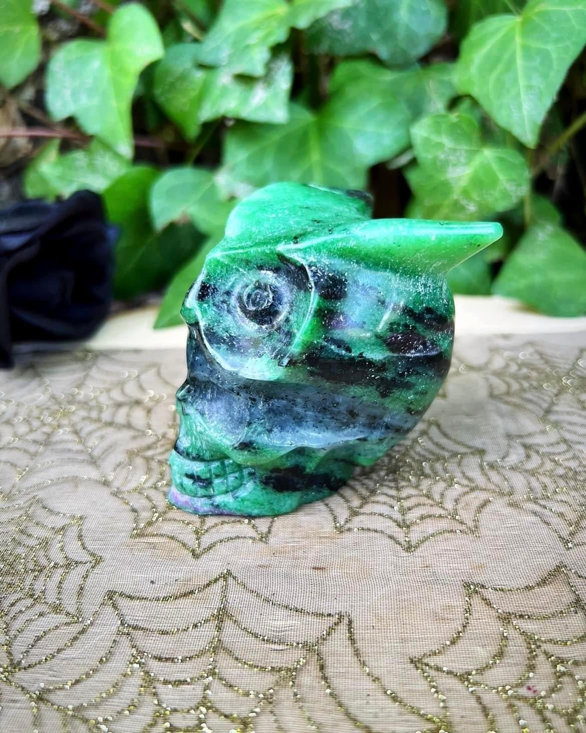 Ruby in Zoisite Owl Skull