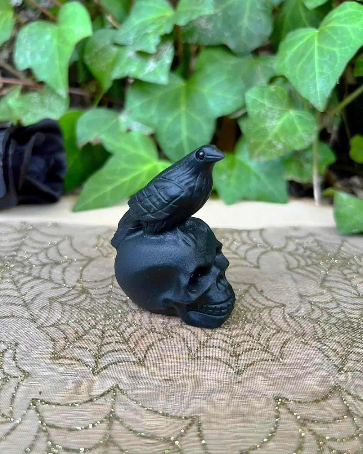 Black Obsidian Skull with Raven