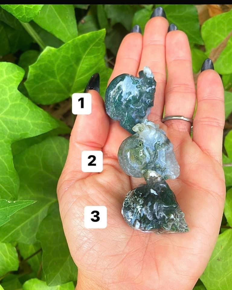 Moss Agate Horned Skulls