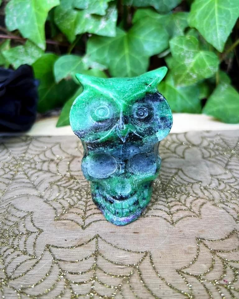 Ruby in Zoisite Owl Skull