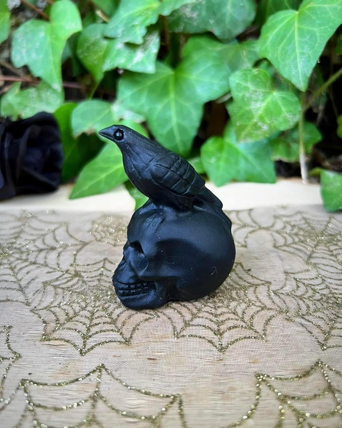 Black Obsidian Skull with Raven