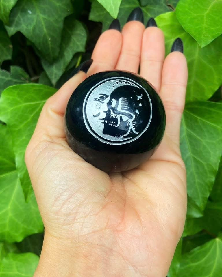 Moon and Skull Obsidian Sphere