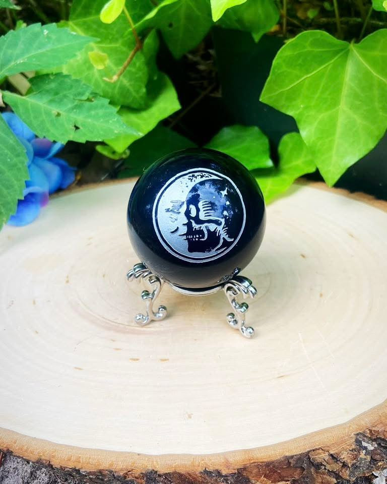 Moon and Skull Obsidian Sphere