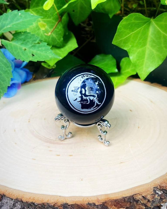 Moon and Skull Obsidian Sphere