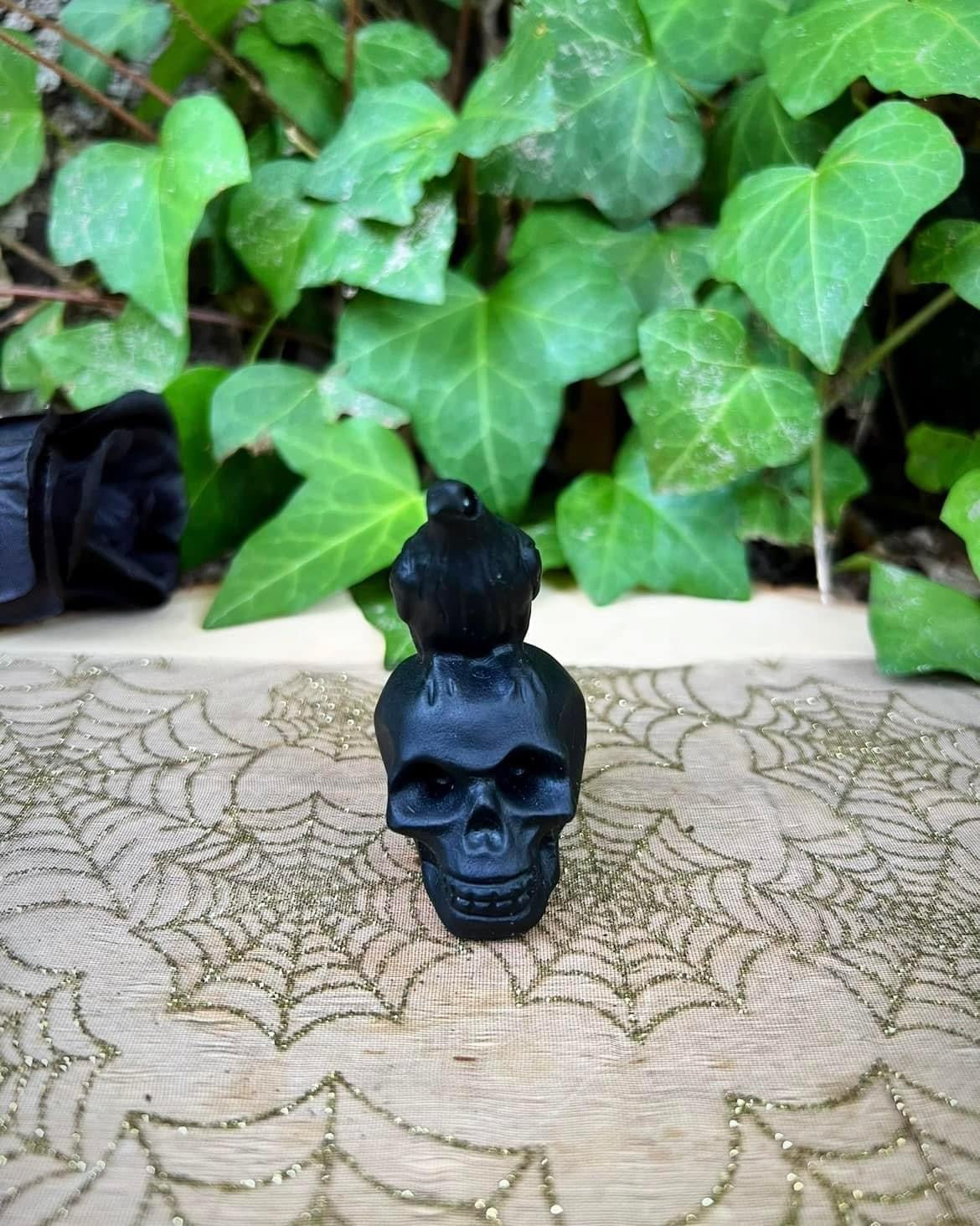 Black Obsidian Skull with Raven