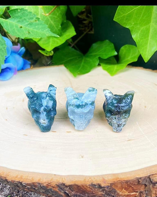 Moss Agate Horned Skulls