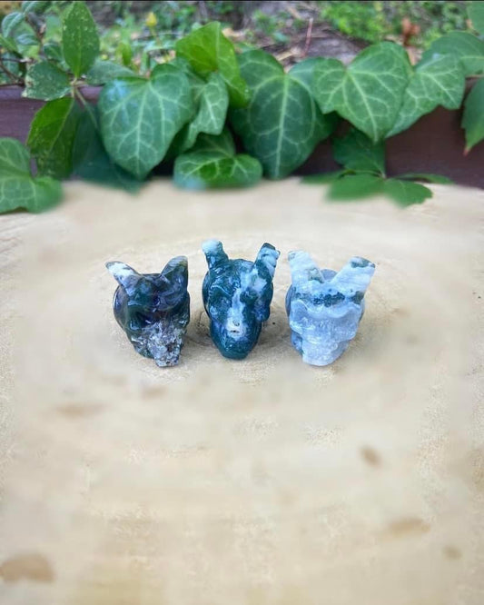 Moss Agate Horned Skulls