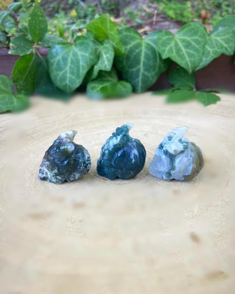 Moss Agate Horned Skulls