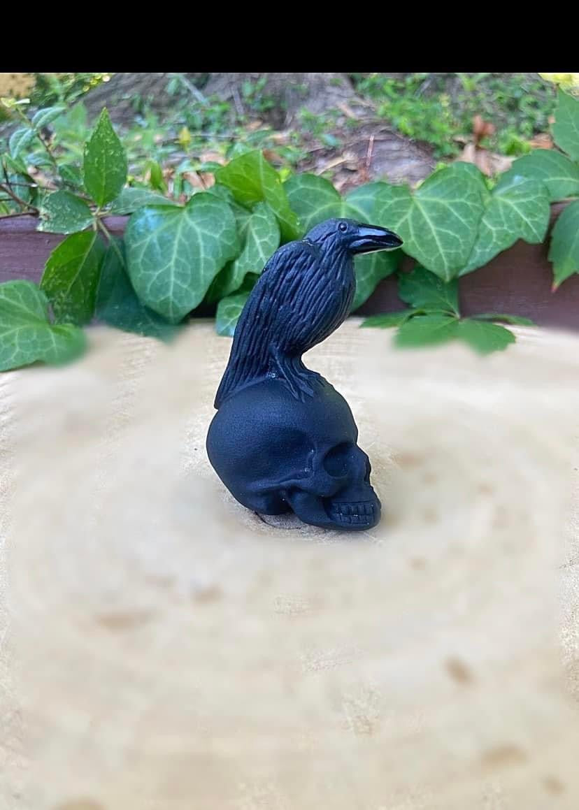 Black Obsidian Skull with Raven