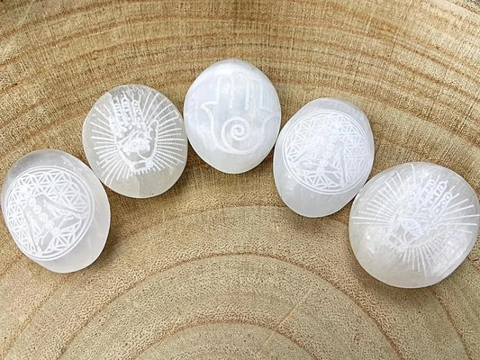 Etched Selenite Palm Stones