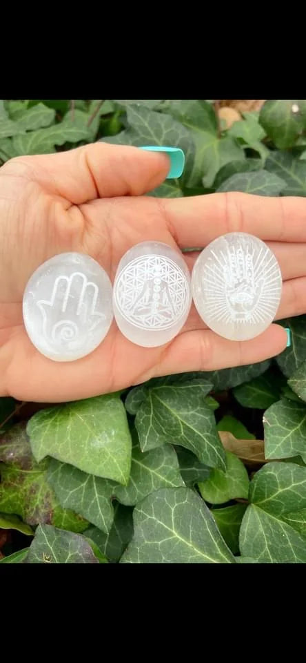 Etched Selenite Palm Stones