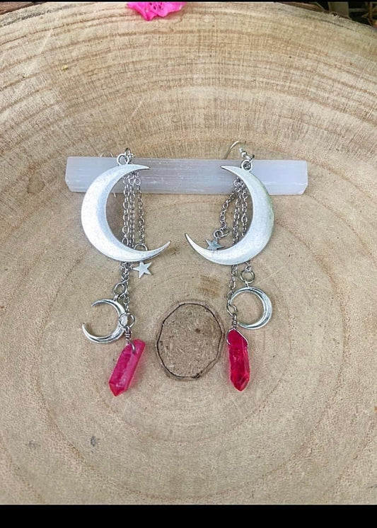 Pink Aura Quartz Moon Earrings